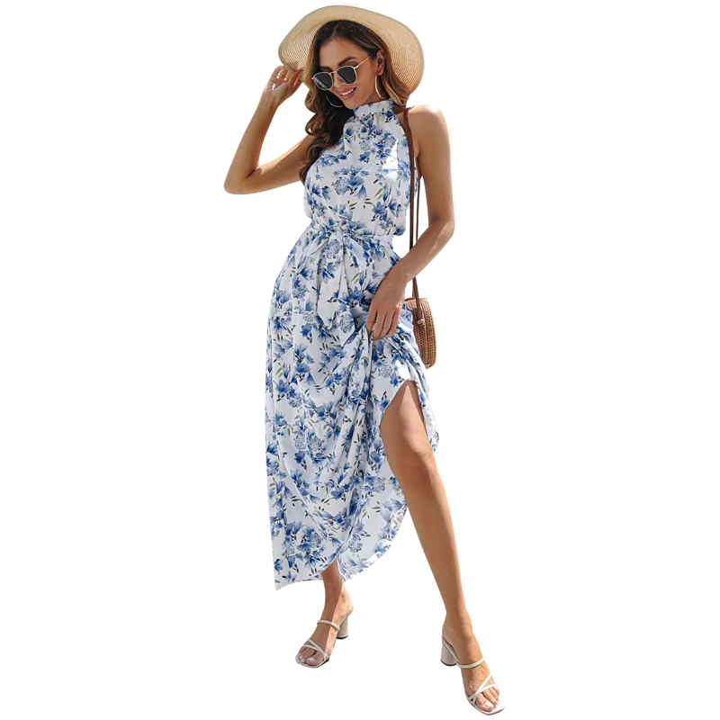 

Летнее макси-платье для женщин, на шнуровке, с открытой спиной, халат 2022, новая мода, цветочный принт, элегантное сексуальное пляжное праздни...