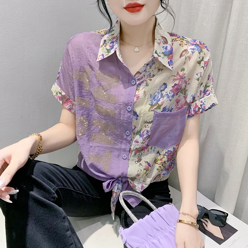 

Chiffon Women's Shirts Summer 2023 New Printed Casual Blouses Loose Short Sleeves Floral Top Polo-neck Ladies Clothing YCMYUNYAN