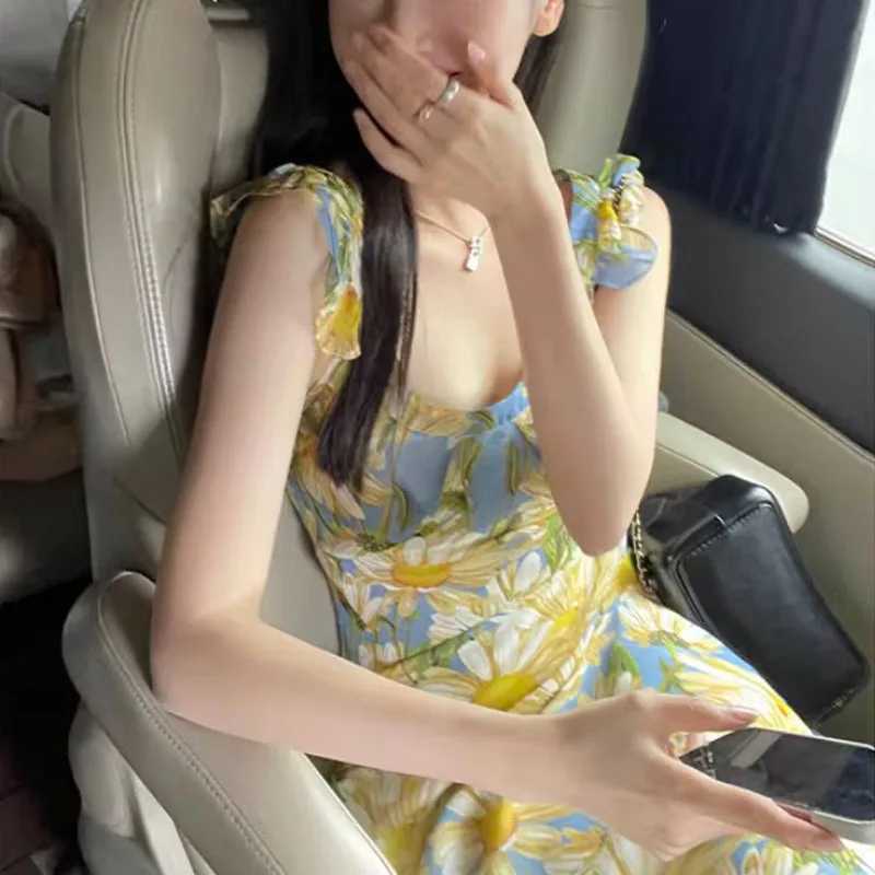 

Casual Beach Print Long Dress For Women Y2k Sleeveleess Off The Shoulder 2023 Summer Vacation Dresses V-neck Big Swing Vestidos