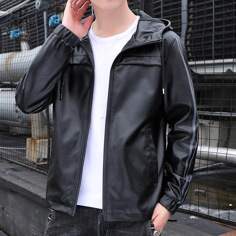 Мужское кожаное пальто с капюшоном Fuguiniao облегающая весенне-осенняя верхняя