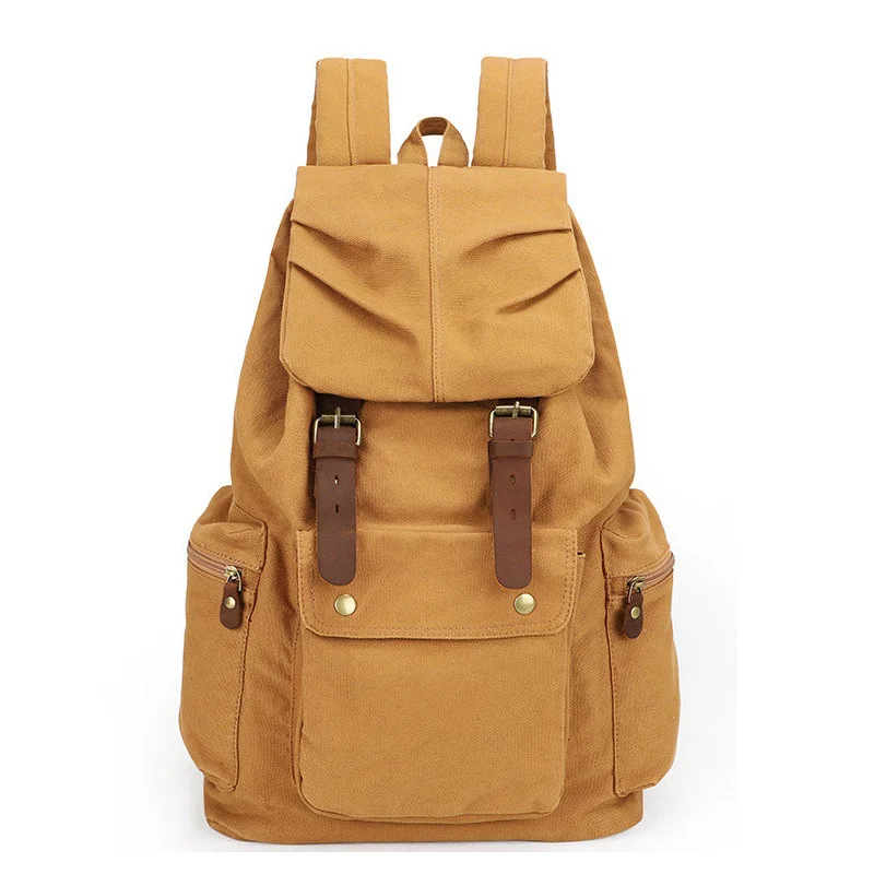 Fashion Vintage Leather military Canvas backpack Men's school bag drawstring women 2024 bagpack male rucksack