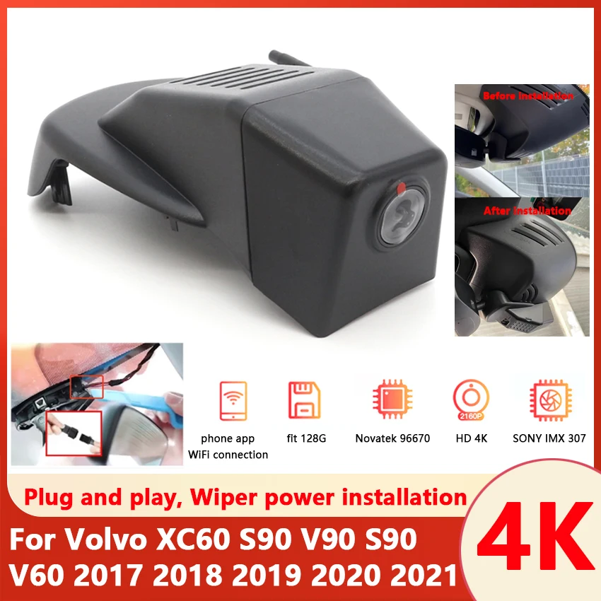 Скрытый Автомобильный видеорегистратор HD 4K 2160P, подключи и работай, видеорегистратор с Wi-Fi, видеорегистратор для Volvo XC60 S90 V90 V60 2017 2018 2019 2020 2021