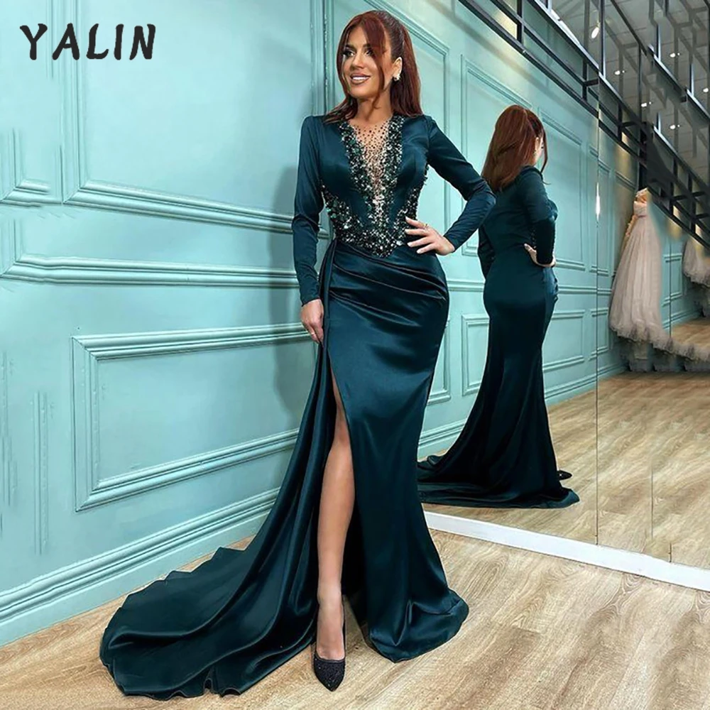 

YALIN Satin Long Sleeves Evening Dresses See Thru Sequin Mermaid Wedding Dress African Plus Size Pageant Gown Robe De Soiree