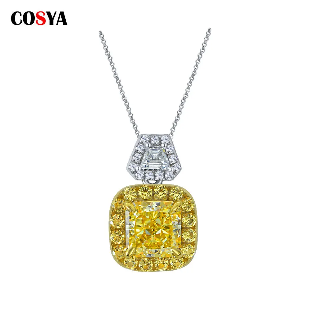 

COSYA 925 Sterling Silver 3.8ct Square 7*7 Ice Flower Cut High Carbon Diamond Necklace Women Pendant Collarbone Chain Jewelry