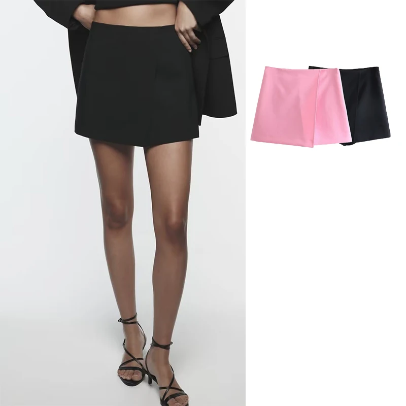 

TRAF Women Shorts 2023 New Fashion Asymmetrical Shorts Skirts High Waist Side Zipper Vintage Female Skort Solid