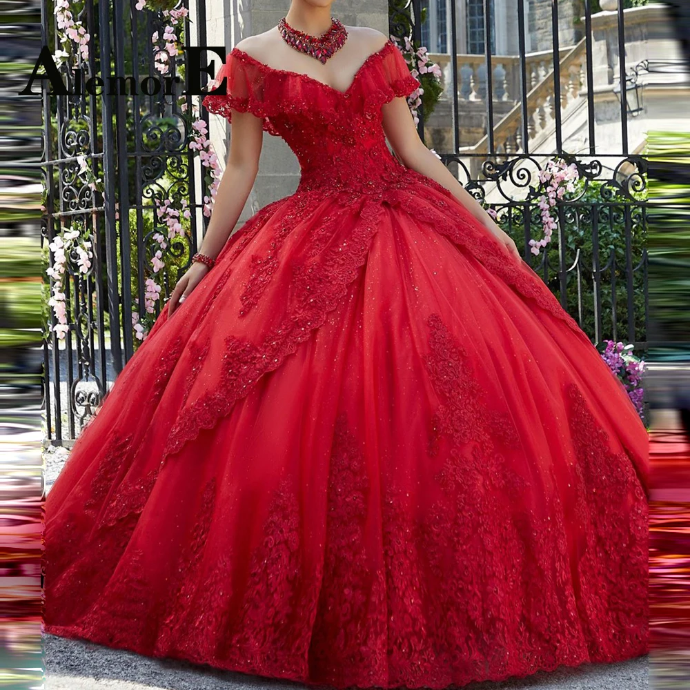 

Alemore Romantic Shiny Ball Gown Quinceanera Dresses Appliques Off the Shoulder Sweetheart Made To Order Vestido De 15 Anos