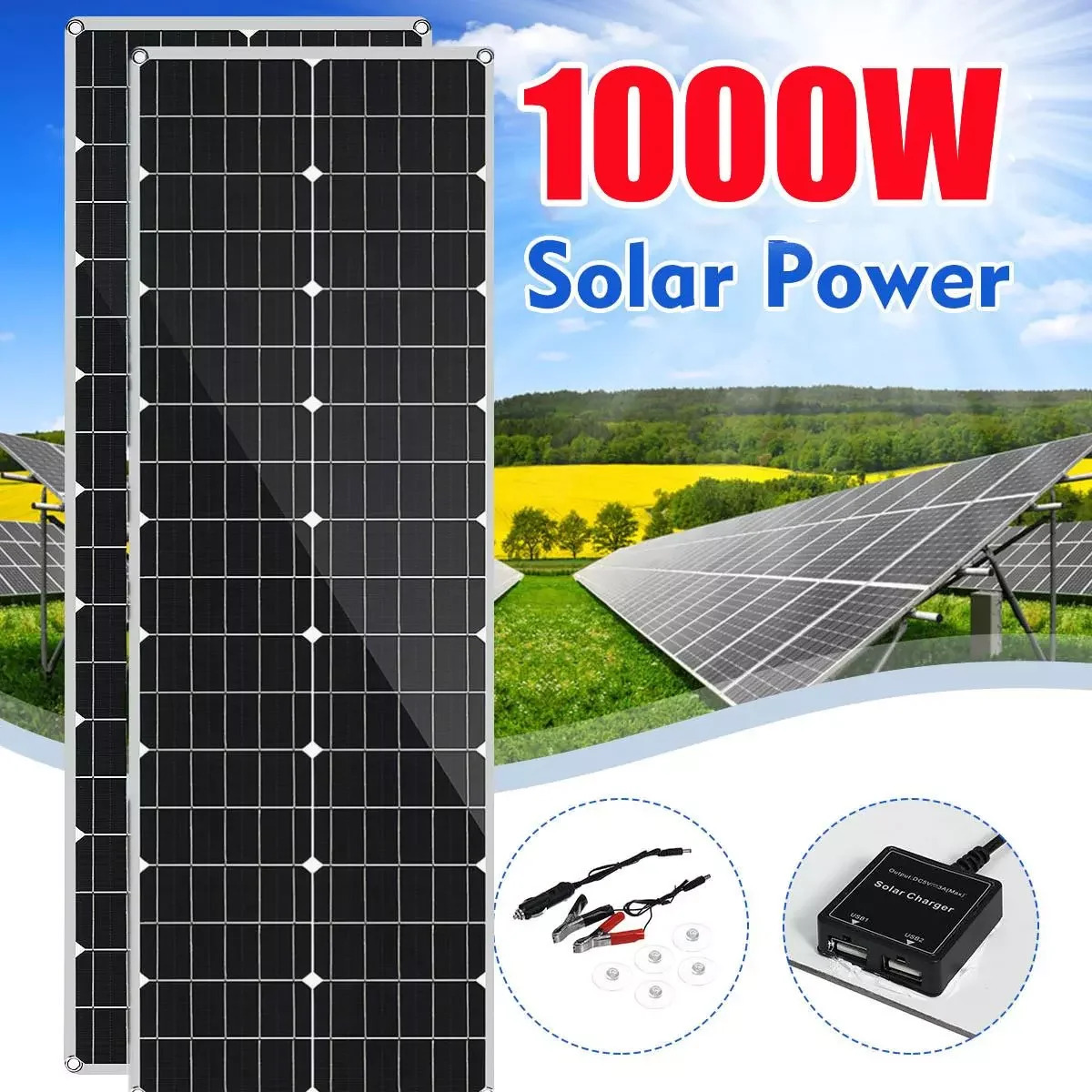 

1000W Solar Panel portable Dual 12/5V DC USB fast-charging waterproof emergency charging outdoor Battery Charger for Car Yacht