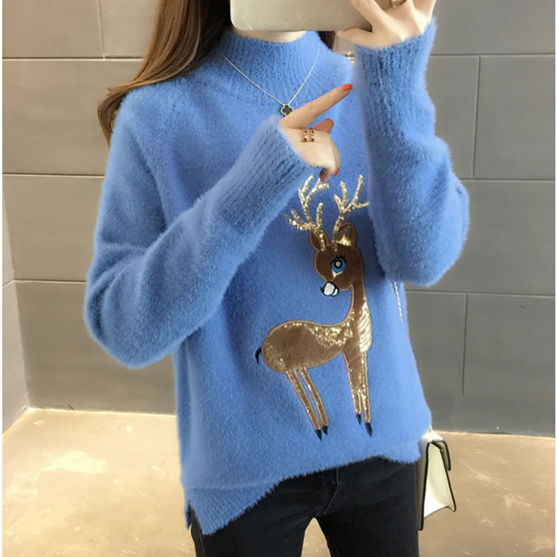 

2022 Cute Sweater Korean Reindeer Ugly Christmas Sweater Women Winter Warm Sweaters Fluffy Cashmere Jumper Turtleneck Pullover