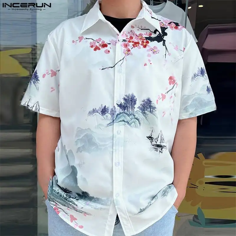 

Fashion Casual Style Tops INCERUN Handsome Men Hot Sale Landscape Painting Blouse Streetwear Male Short-sleeved Shirt S-5XL 2023