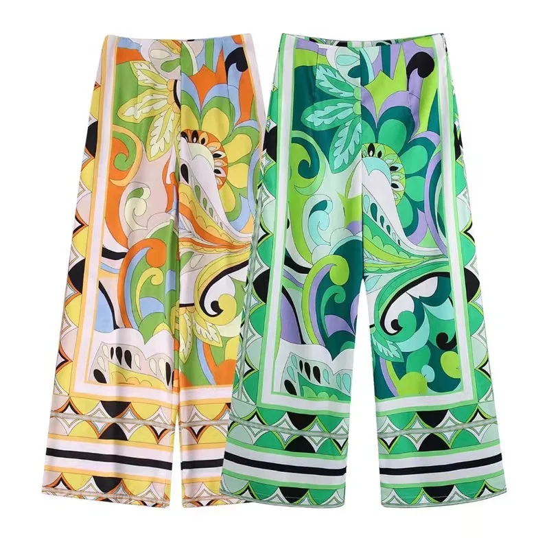 

Женские брюки с принтом ZA, зеленые универсальные свободные брюки с высокой талией, весна-осень