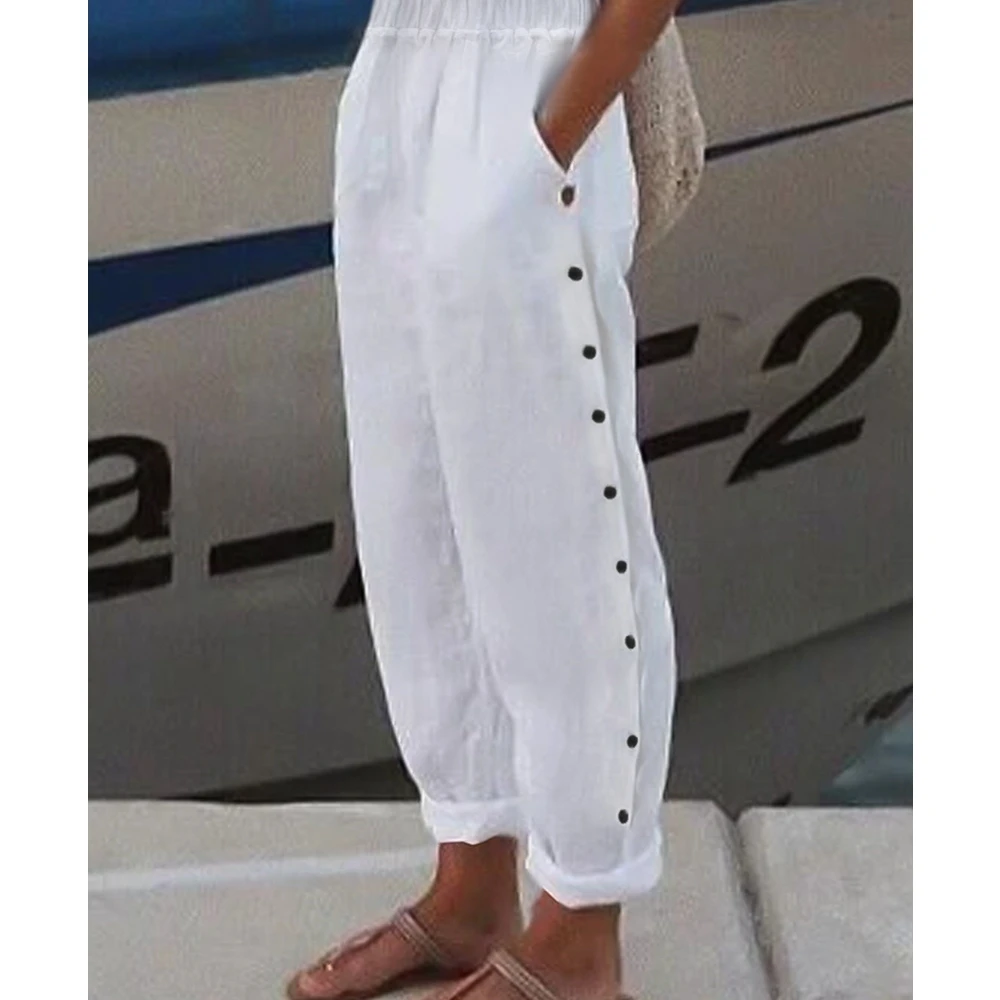 

Wepbel Side Button Design Pants Women Fashion Solid Color Casual Loose Trousers High Waist Streetwear Straight Pants Bottom