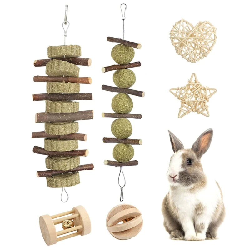 

6 Pack Wooden Chew Toys Hay Treats for Small Animal Pets Teeth Clean Natural Timothy Grass for Rabbits Hamsters Gerbils Y5GB