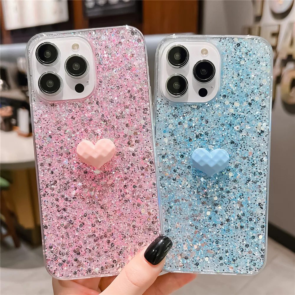 Блестящий 3D чехол с блестками и сердечками для телефона Huawei P30 Lite P40 Pro P Smart 2021 Nova 5T