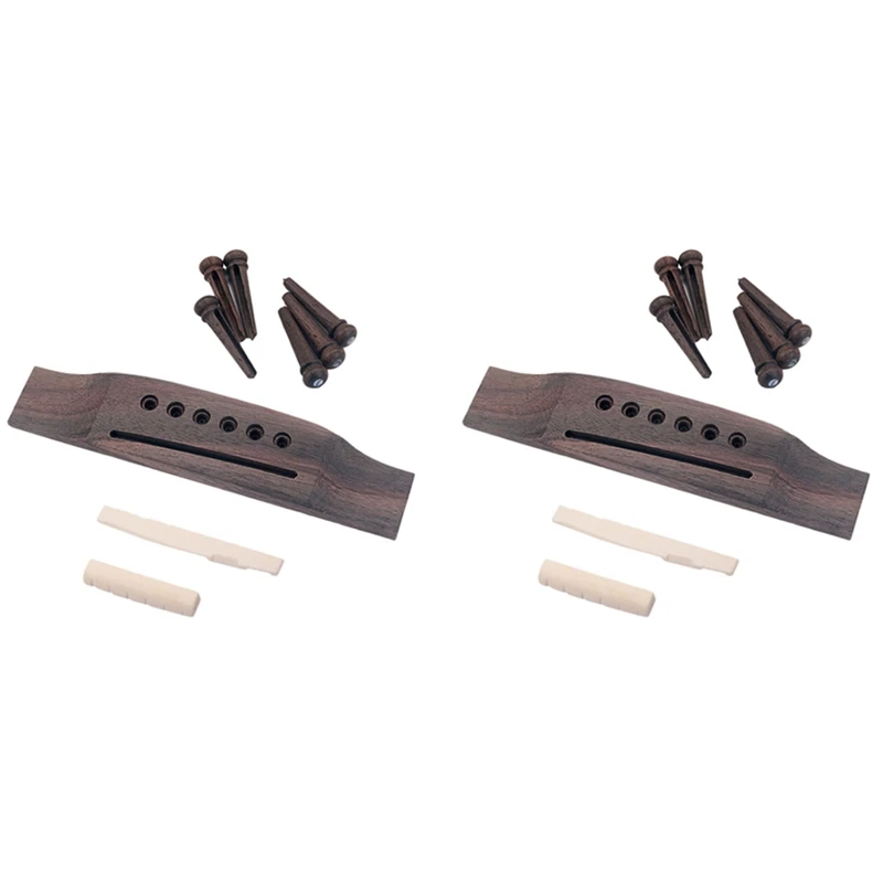 

2X Acoustic Guitar Replacement Set Ebony Bridge End Pins Bone Saddle & Nut And Wood Bridge Parts