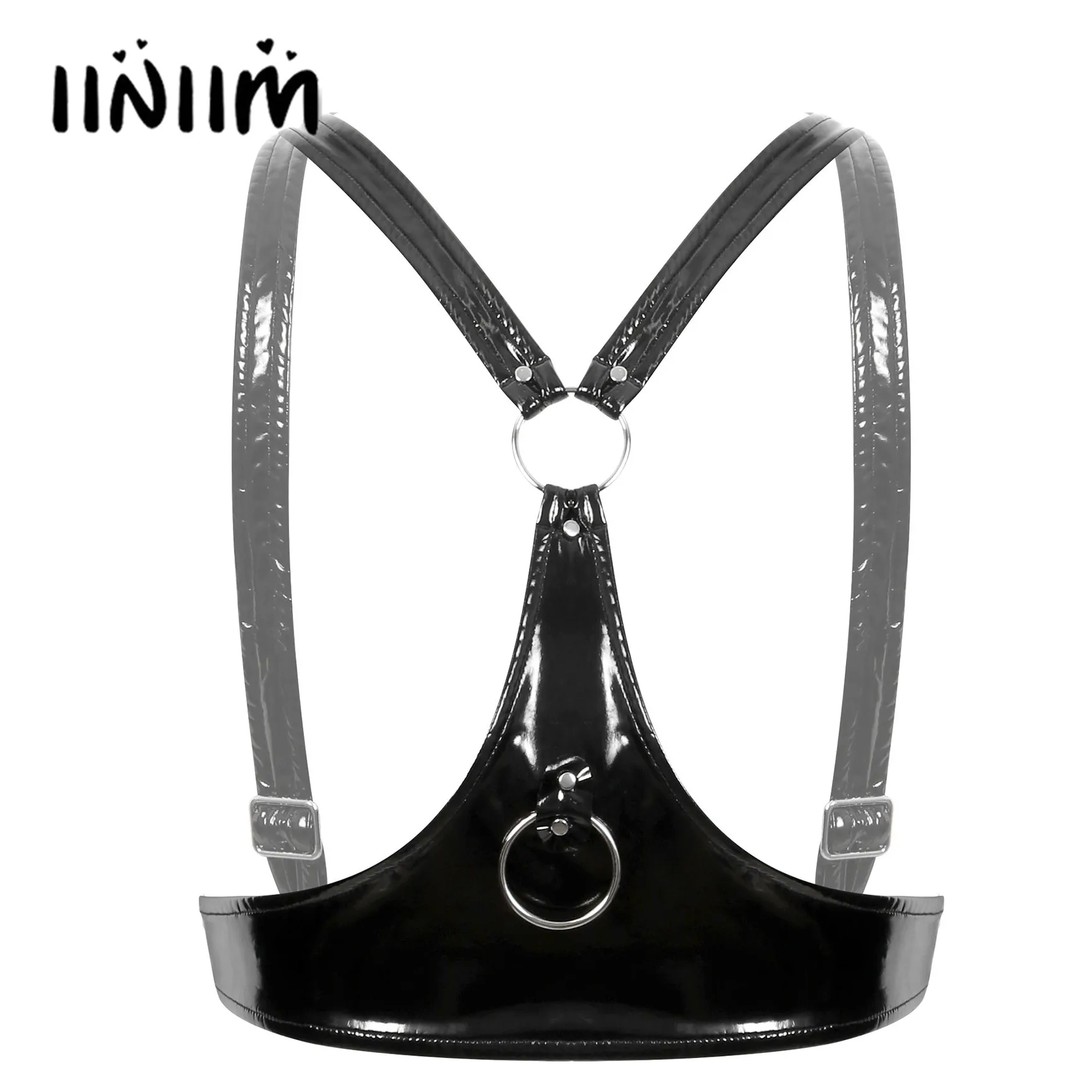 

Womens Lingerie Open Cup Patent Leather O Ring Bra Tops Clubwear Adjustable Wide Shoulder Straps Wet Look Open Chest Bra Tops