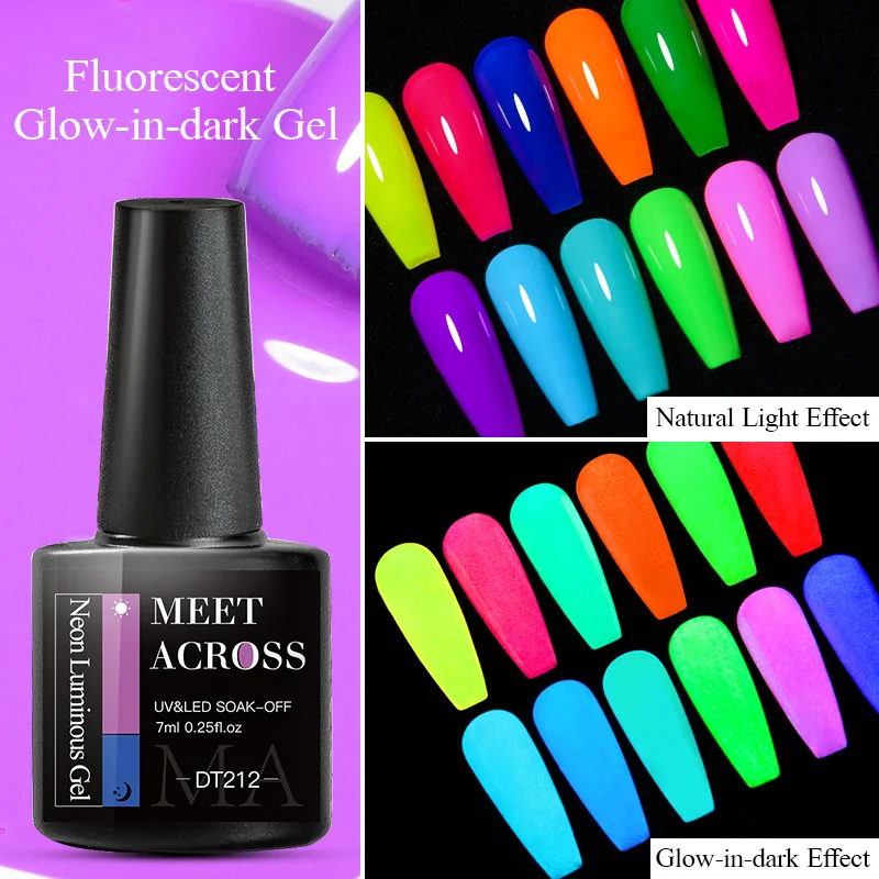 MEET ACROSS 7ml Fluorescent Glow-in-dark Gel Nail Polish Soak Off Luminous Neon UV Led Gel Varnish DIY Manicure For Nails Design