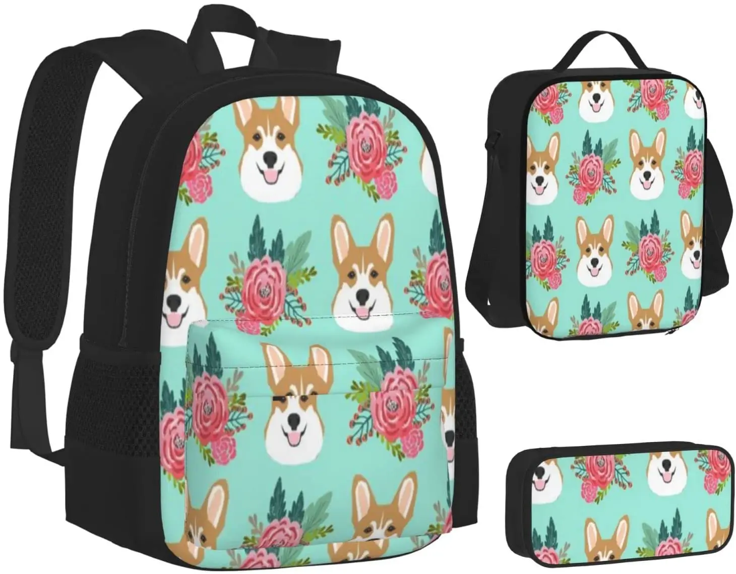 Kid School Backpack Corgi Dog Mint Cute Schoolbag Travel Bag Casual Daypack Lunch Bag Pencil Case for Boys Teens Girls 3pcs Sets