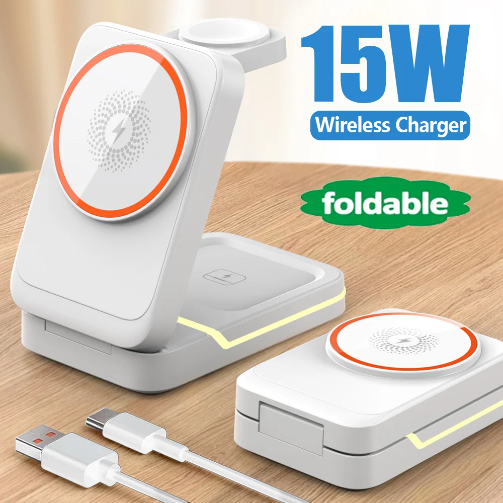 Магнитная беспроводная зарядная станция 3 в 1 для iPhone 16 15 14 13 12 Pro/Max Apple Watch 8 AirPods 3/2