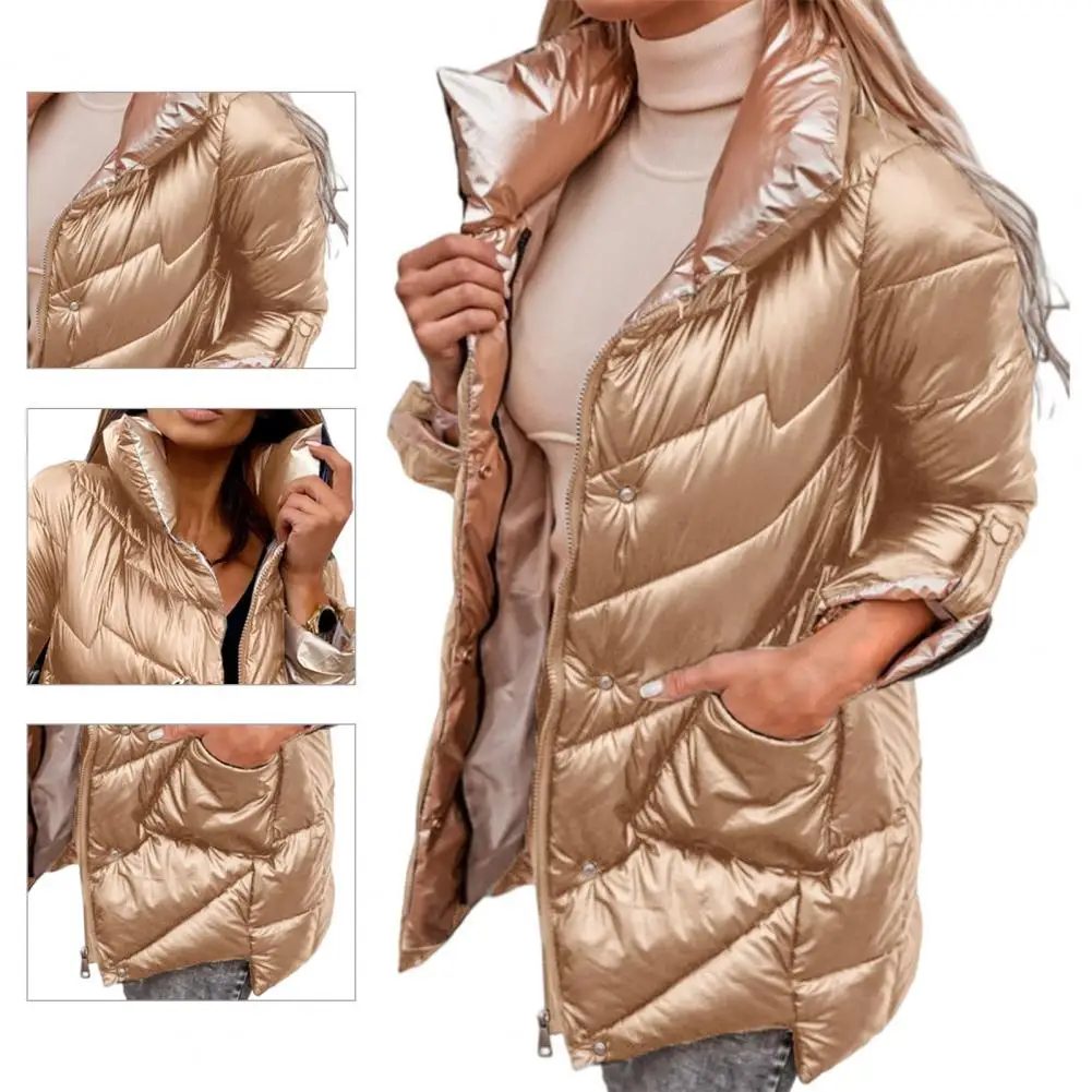 Thick Jacket Solid Color Outwear Zipper Stand Collar Retractable Sleeves Jacket   Quilted Coat  for Outdoor