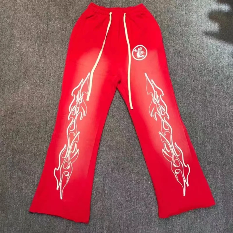 

High Quality Hellstar Pants Wool Cloth Flame Creative Print Retro Wash Water American High Street Loose Sweatpants Men Women