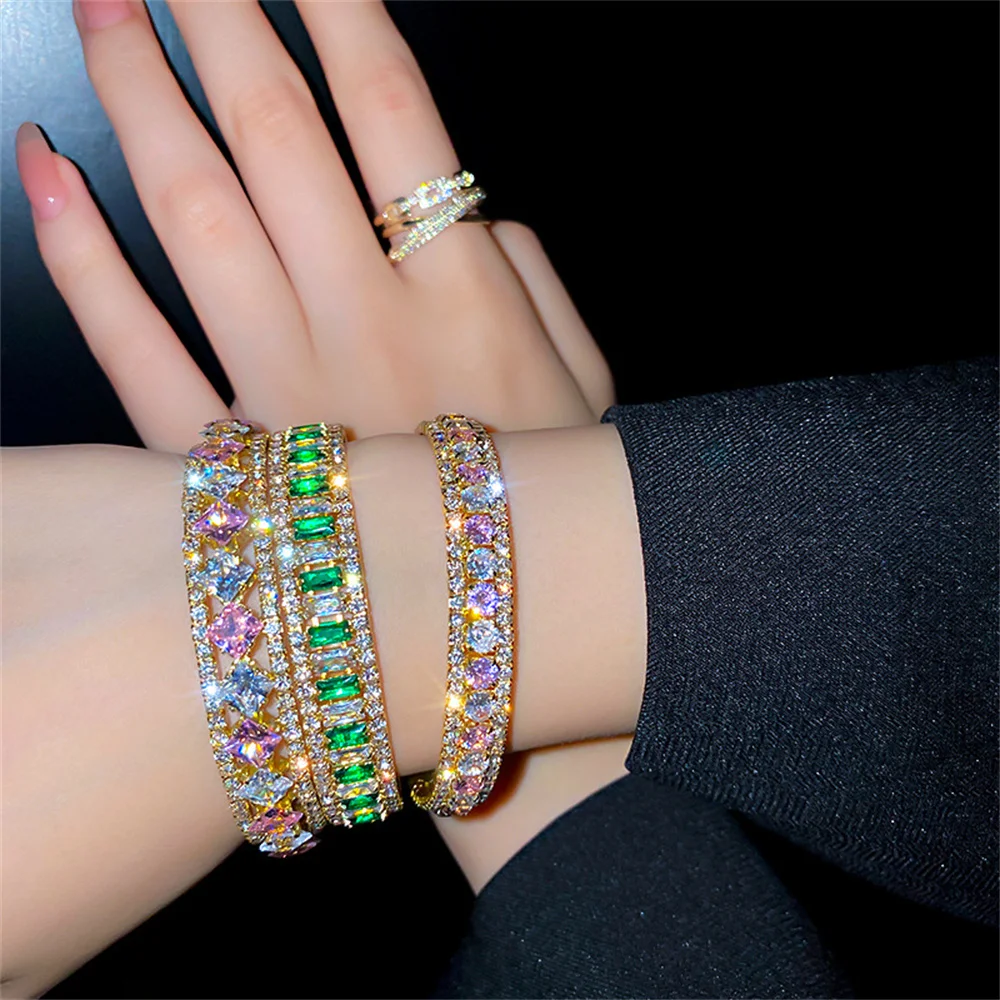 

Elegant Color Crystal Tennis Bracelets for Female Shiny AAA Cubic Zirconia Rhinestone Bead Chain Party Jewelry Accessories Gift