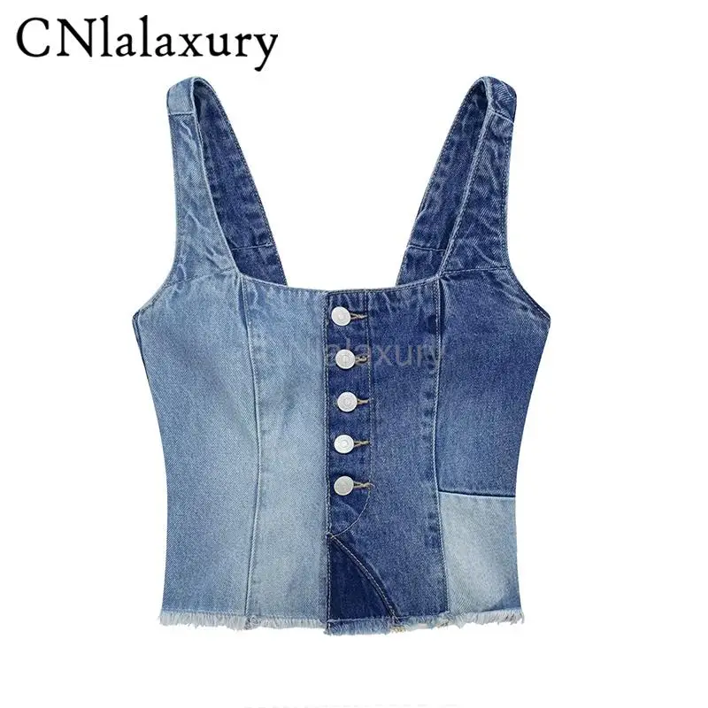 

Новинка 2023, весенне-летние женские Модные Винтажные Лоскутные подтяжки CNlalaxury, повседневные женские топы, Женская шикарная майка