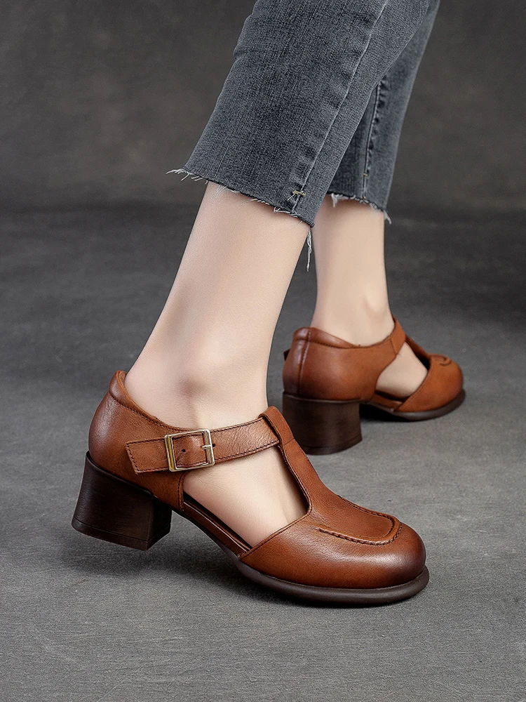 Beffery Genuine Leather Mary Jane Women's Heel Shoes Retro Handmade block heel Women T-shape Sandals