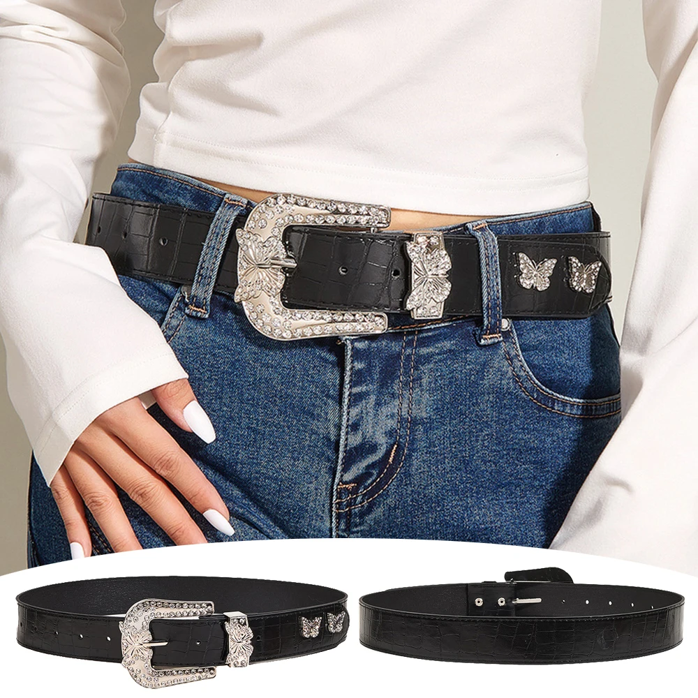 Vintage Butterfly Diamond Buckle Belt for Ladies Models Retro Decorative Personality Belt Models Black Pants Belts Wholesale