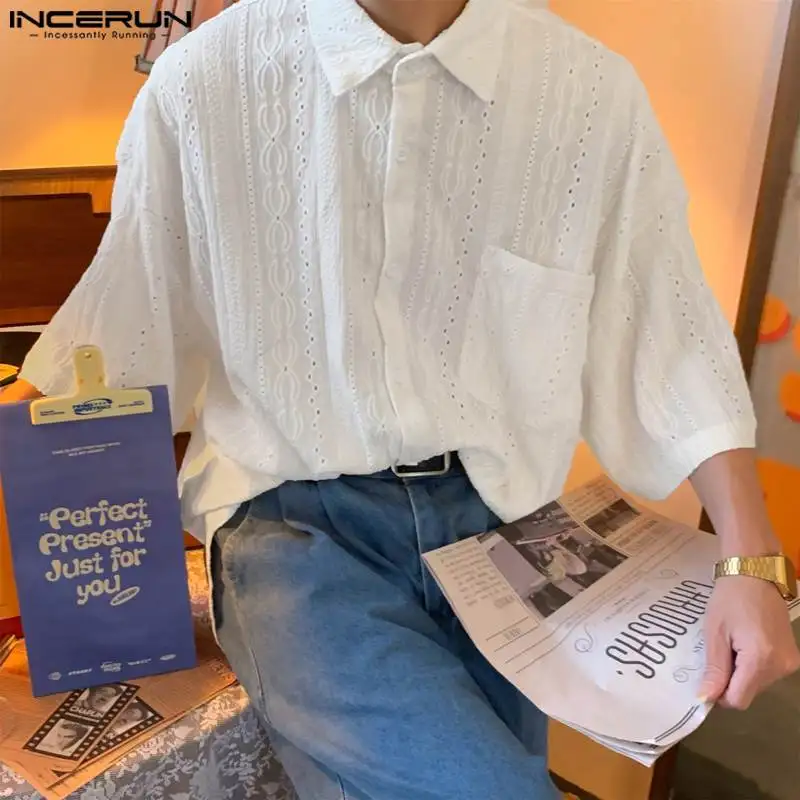 

INCERUN Men Casual Shirt Lace Solid Lapel Short Sleeve Loose Fashion Men Clothing Streetwear Summer 2023 Korean Style Shirts Men