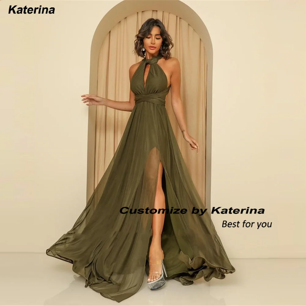 

Katerina Green Chiffon Long Jewel Neck 2023 Side Slit Simple Prom Evening Dress Women Formal Party Dress Vestidos De Fiesta Robe