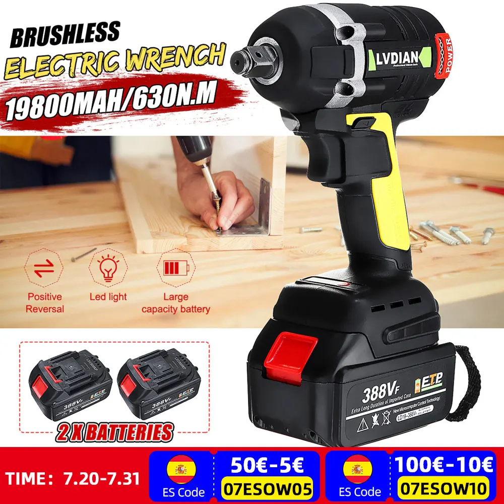 

630N.m 388VF Brushless Electric Impact Wrench With 19800mAh Li Battery Impact Hand Drill Installation LED Light Power Tools