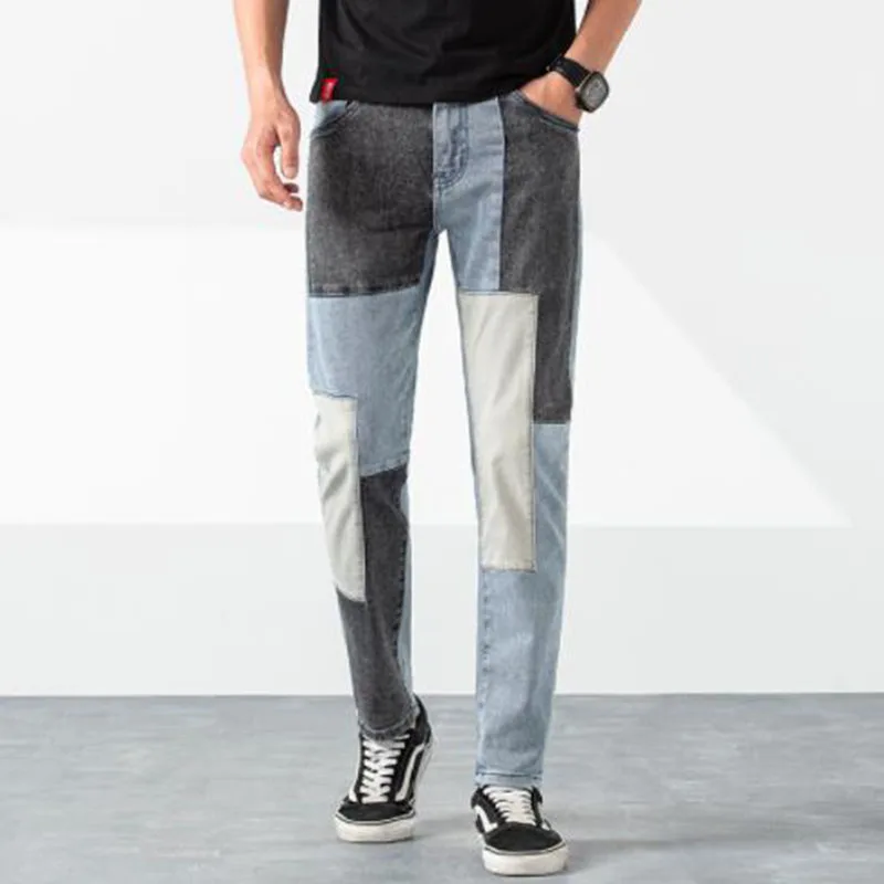 

New Fashion Mens Cotton Jeans Spring Stitching Patch Slim Fit Jeans Men Trousers Casual Male Denim Pants Vaqueros Hombre