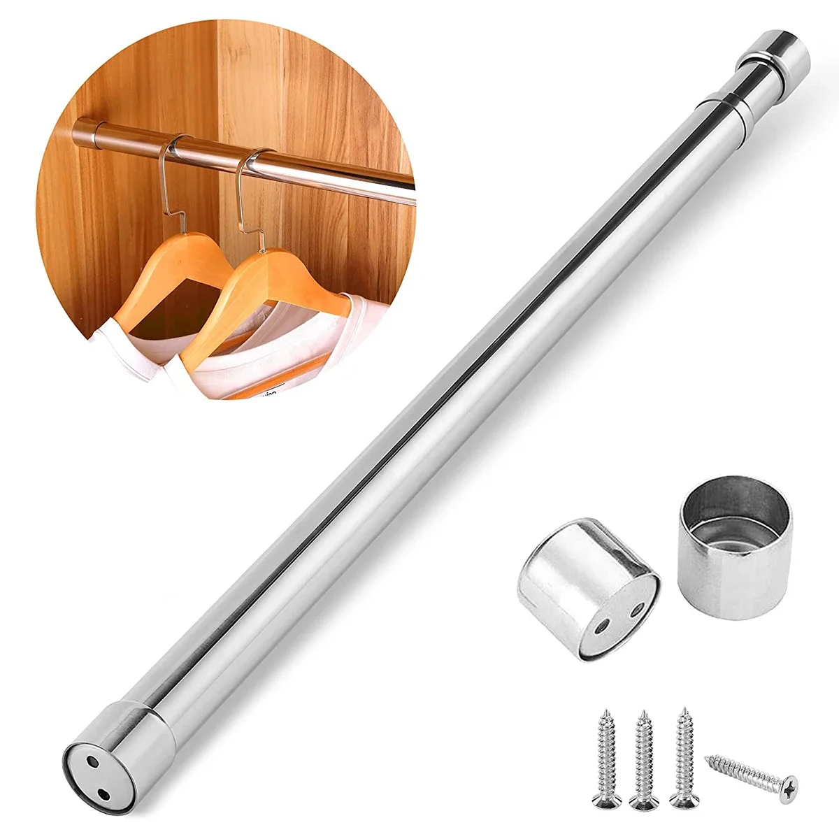 

Wardrobe Rail Extendable Clothing Rail 21.5 to 39.5 Inch Stainless Steel Clothes Rod with End Sockets Screws Adjustable Closet