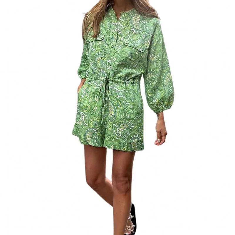 Bodysuit Playsuit Green Printed Long Sleeved Jumpsuit Casual African Women's Fashion Stand Collar Loose Elegant Clothes Summer