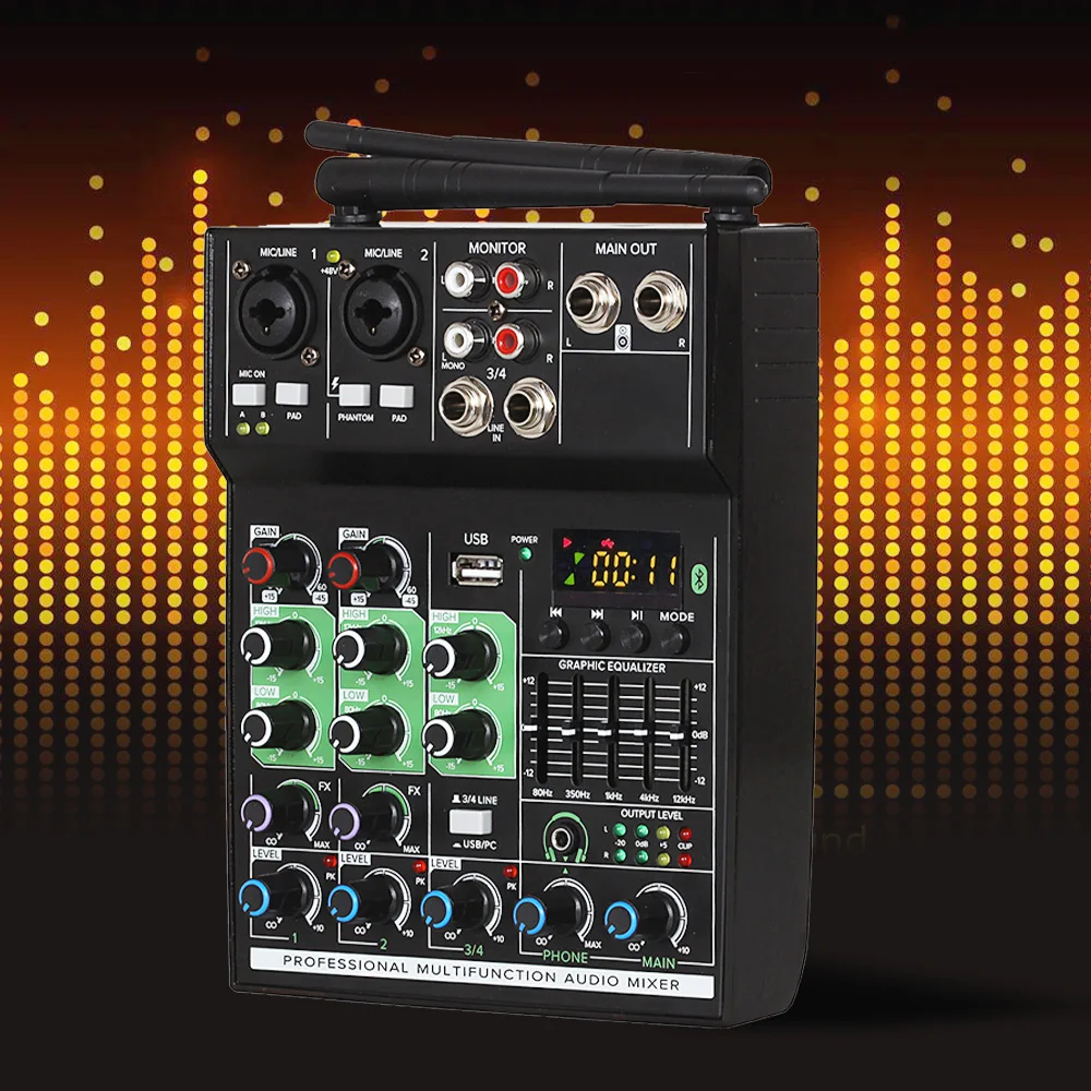 GT4 4 Channels Audio Mixer with1 Drag 2 Wireless Mics Mixing Console with Bluetooth USB Effect for DJ Karaoke PC Guitar - купить по