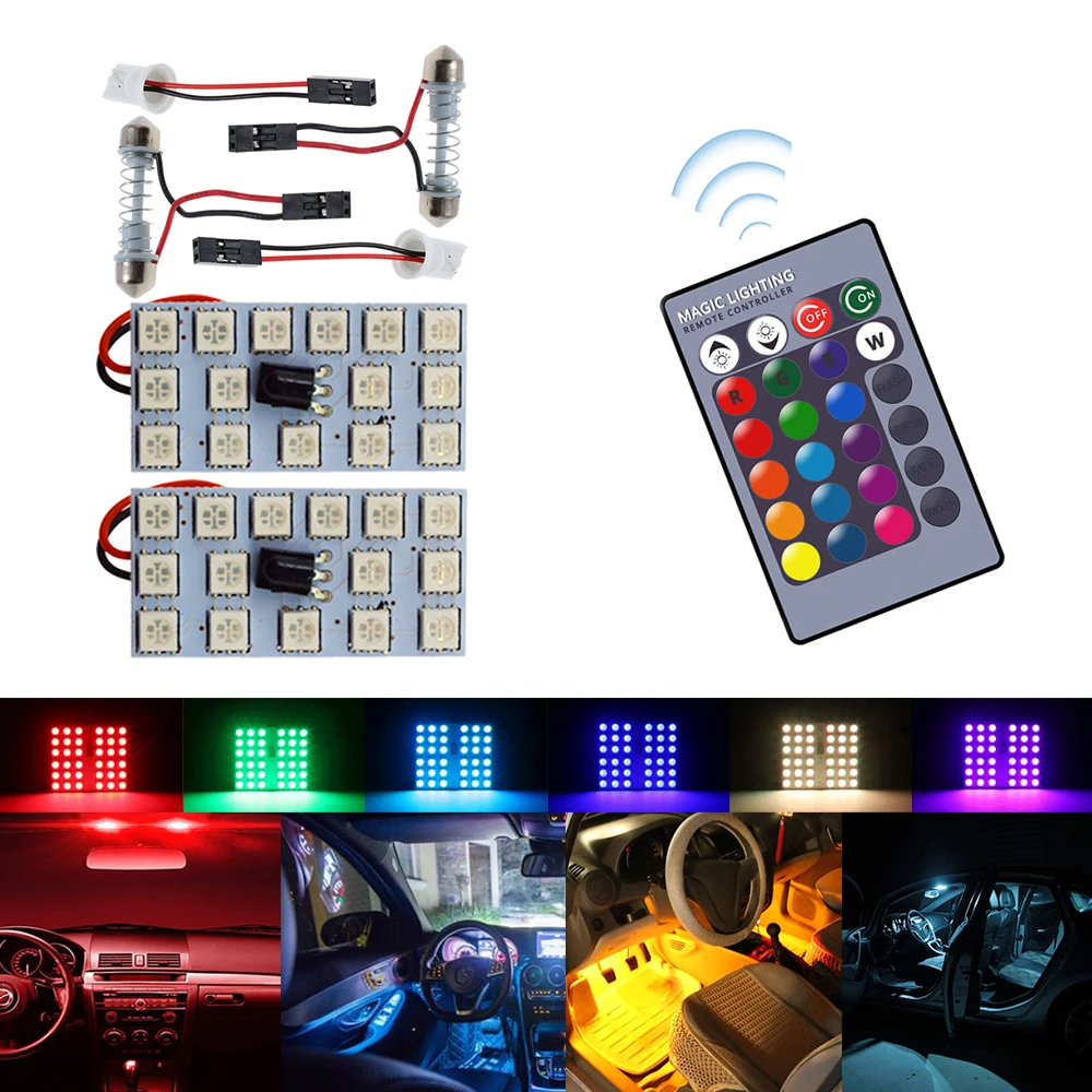 

2pcs Car Led T10 12V Key Remote Controller Panel Interior Auto Festoon Adapter RGB 5050 15SMD BA9S Lamp DC Atmosphere Dome Bulbs