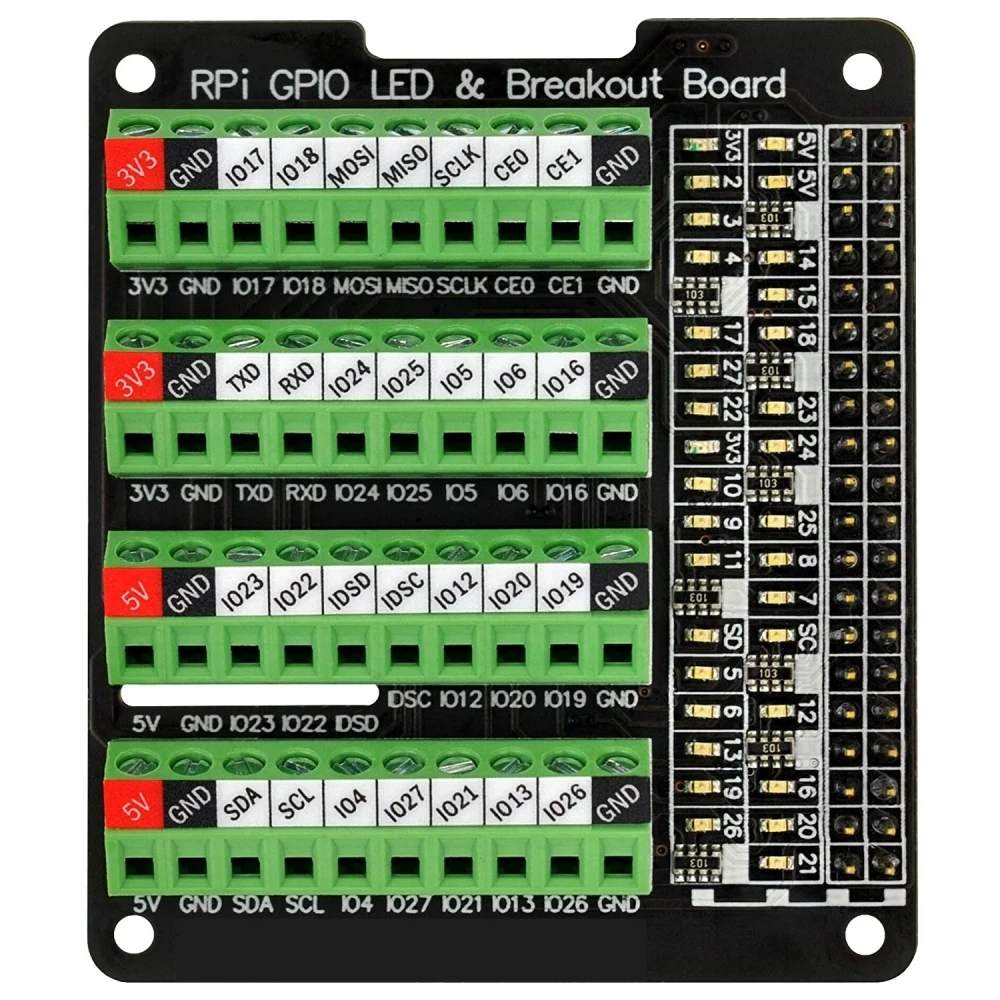 

RPi GPIO Status LED and Terminal Block Burst Caps for Raspberry Pi A+ 3A+ B+ 2B 3B 3B+ 4B Terminal Blocks