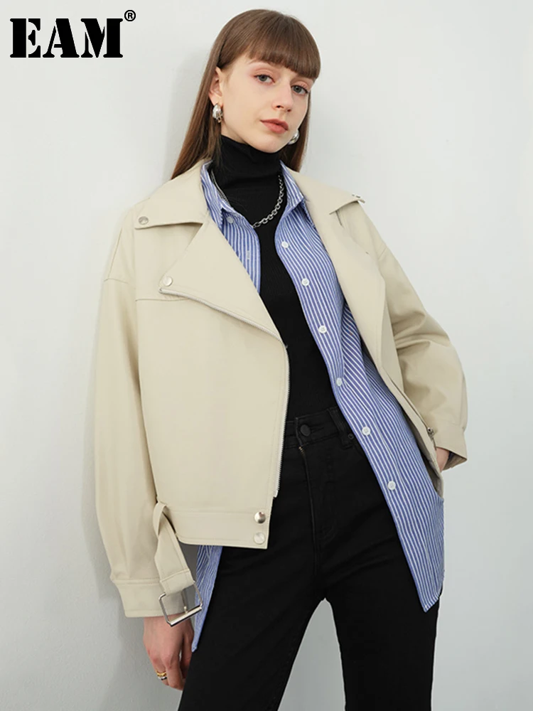 [EAM] Loose Fit Apricot PU Leather  Big Size Jacket New Lapel Long Sleeve Women Coat Fashion Tide Spring Autumn 2022 JX445