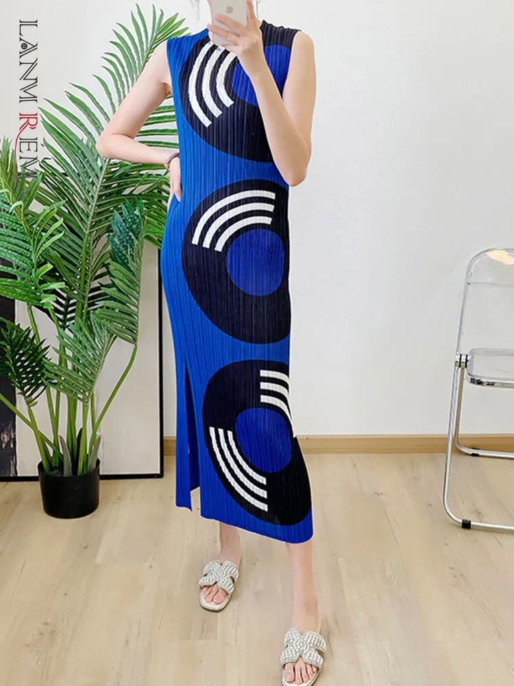 

LANMREM Sleeveless Printing Slim Pleated Dress For Women Round Neck Split Side Long Length Ladies Elegant Clothing Summer 2R3556