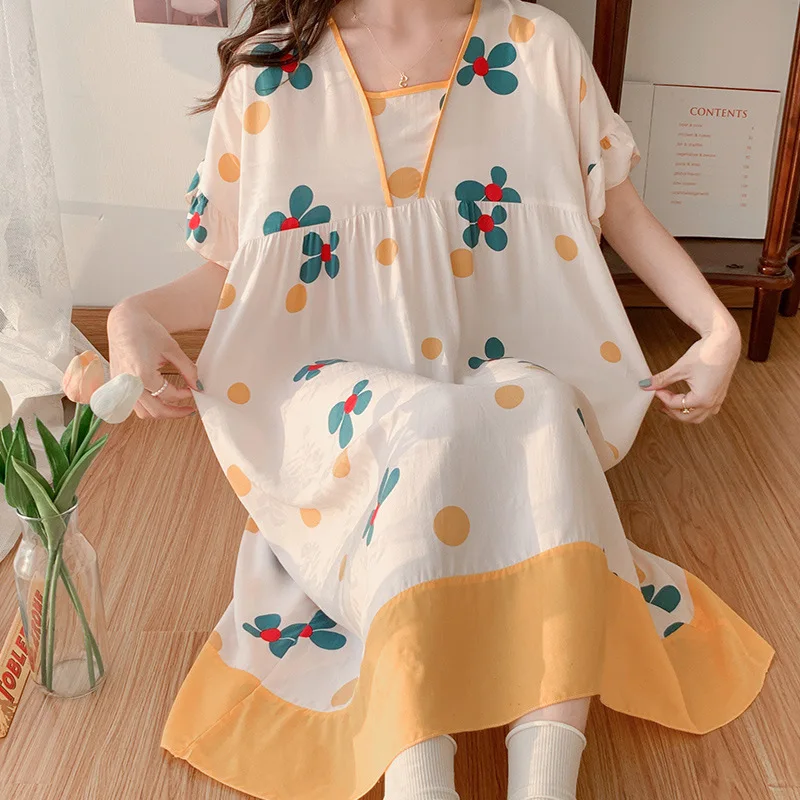 Summer Girls' Sweet and Lovely Short Sleeved Pajamas Women Loose Oversized Nightgown Household Clothes  Cute Colorful  Skirt