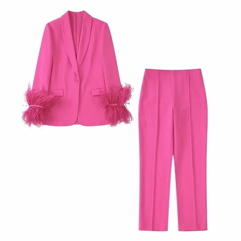

New Loose Women Blazer Vintage Long Sleeve Jacket Coat Cuffs With Feathers Ladies Outerwear Stylish Top Pants Set of 2 Home Suit