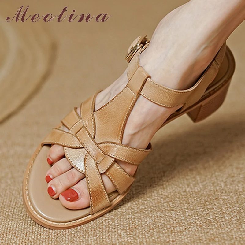 

Сандалии Meotina женские из натуральной кожи, босоножки на толстом высоком квадратном каблуке, Т-образный ремешок, пряжка, узкие ремешки, гладиаторы, лето 40