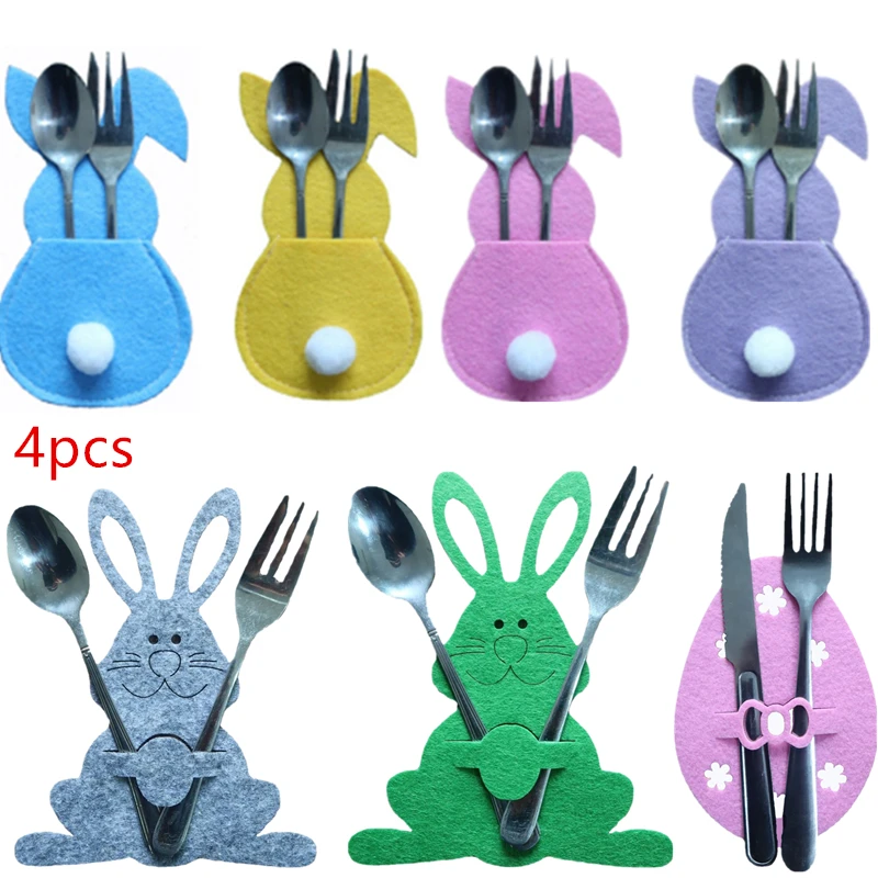 

Easter Bunny Felt Cutlery Holder Bag Happy Easter Decoration for Rabbit Cutlery Cover Bag Party Table Tableware Accessories