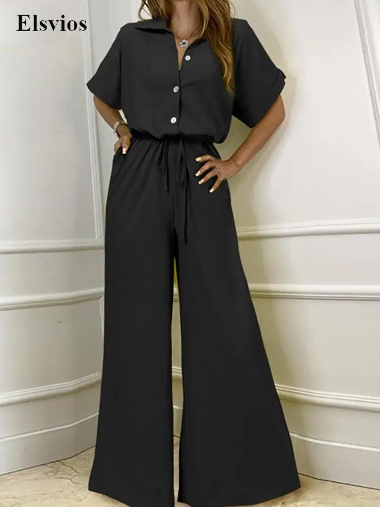 

Solid Fashion Button Lapel Shirt Playsuit Casual Drawstring Tie-Up Loose Leg Jumpsuit Women Elegant Short Sleeve Romper Overalls