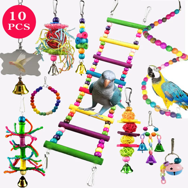 

12Pcs Bird Cage Toys for Parrots Wood Birds Swing Reliable Chewable Bite Bridge Wooden Beads Shape Parrot Toy Bird Toys