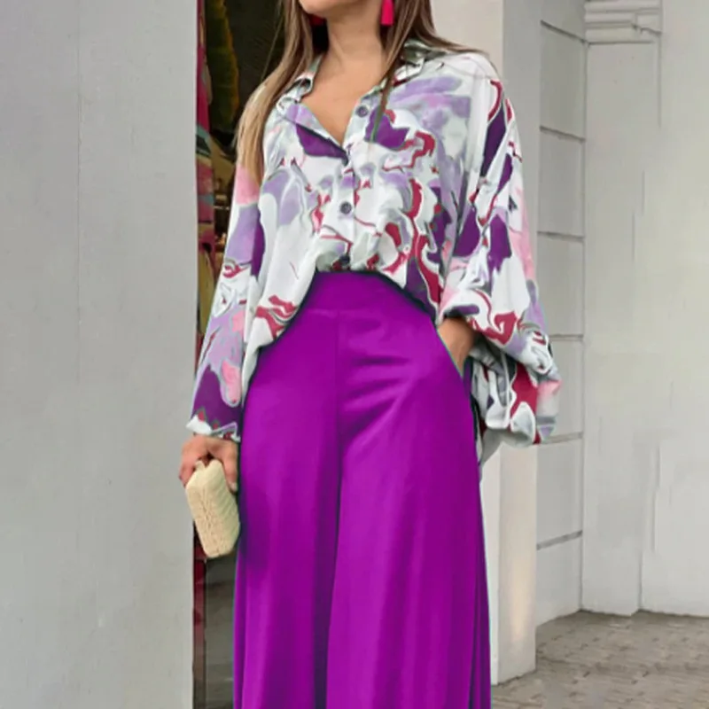 

Spring Summer 2023 Women's Clothing Ins Printed Casual Shirt Elegant Wide Leg Pants Fashion Casual Set