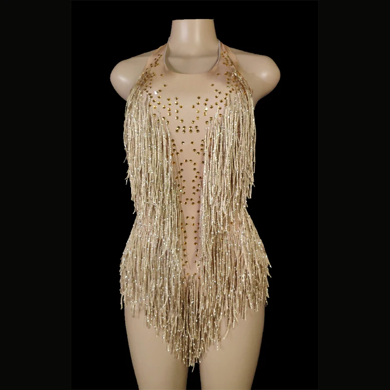 Sparkly Crystals  Fringe Bodysuit Women DJ Jazz Dance Costume With Rhinestones Stage Performance Nightclub Show Outfit