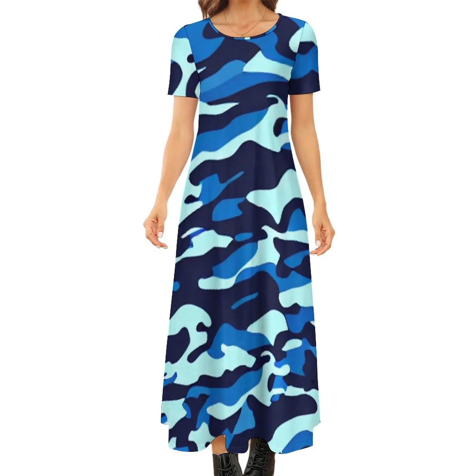 

Blue Camo Print Dress Army Camouflage Modern Maxi Dress Short Sleeve Street Style Bohemia Long Dresses Ladies Big Size Vestido