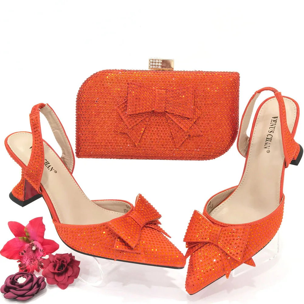 Zapatos y bolso de fiesta de boda para mujer italiana, calzado elegante para combinar con cristales brillantes en Color naranja, conjunto de estilo nigeriano
