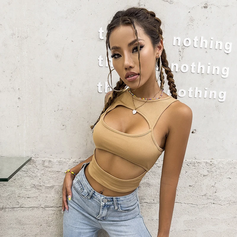 

Женская майка с круглым вырезом, однотонный ажурный облегающий кроп-жилет без рукавов, лето